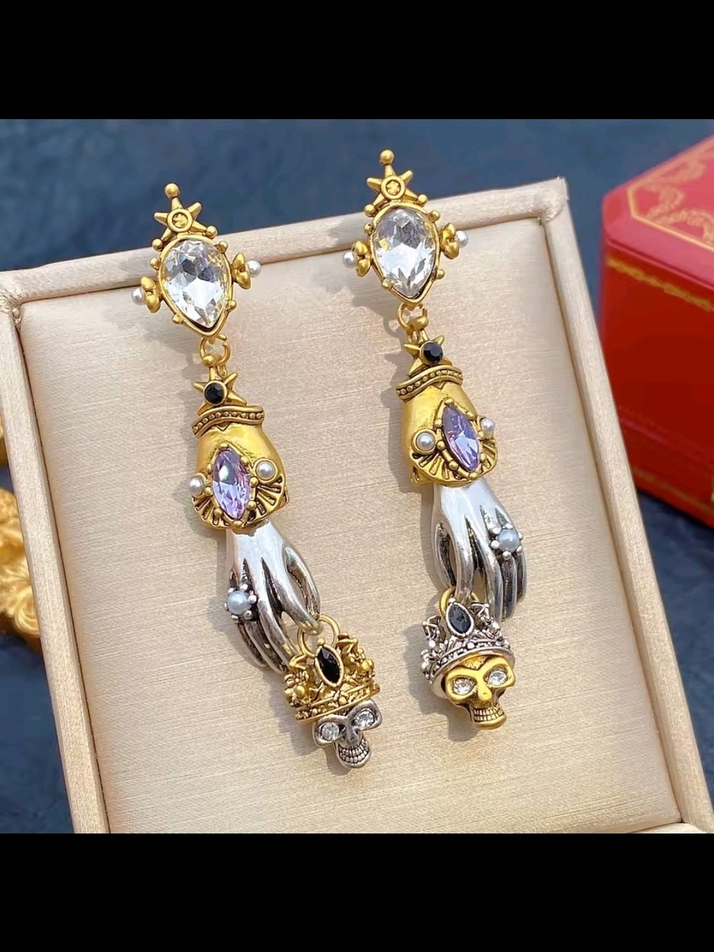 Gold and Silver Hand Drop Earrings with Purple and Clear Stones - Picture 7 of 9